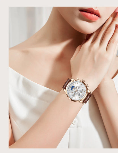 Montre-bracelet de luxe pour femme LIGE, bracelet en cuir, étanche, décontractée et sportive, à quartz, avec affichage 24 heures et phase de lune.