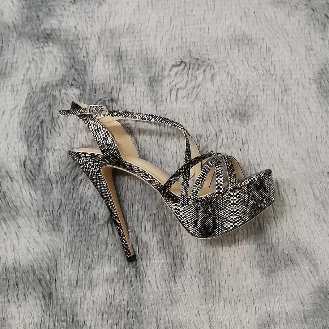 Sandales à plateforme pour femmes sexy 14 cm, défilés de mode, bout ouvert, talons hauts, stilettos à motif serpent, bride à la cheville, chaussures de soirée style gladiateur