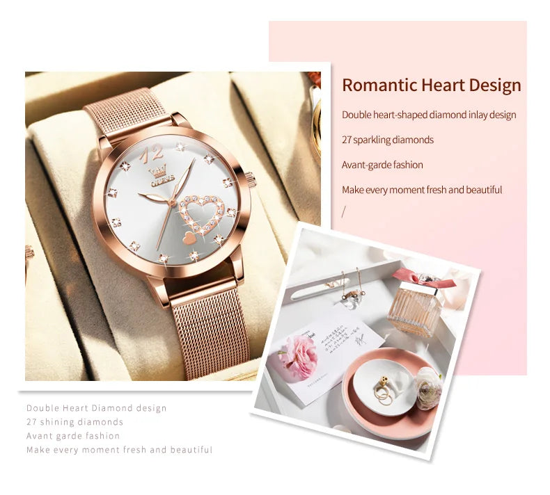 Montre pour femme OLEVS 5189, montre-bracelet à quartz, montre décontractée et tendance pour dames, étanche, lumineuse, bracelet en maille, cadran cœur, index en zircon.