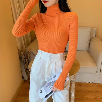 Pull femme automne-hiver 2026 à manches longues en maille, col roulé rabattable côtelé, doux et chaud, jumper pullover vêtements pour femme