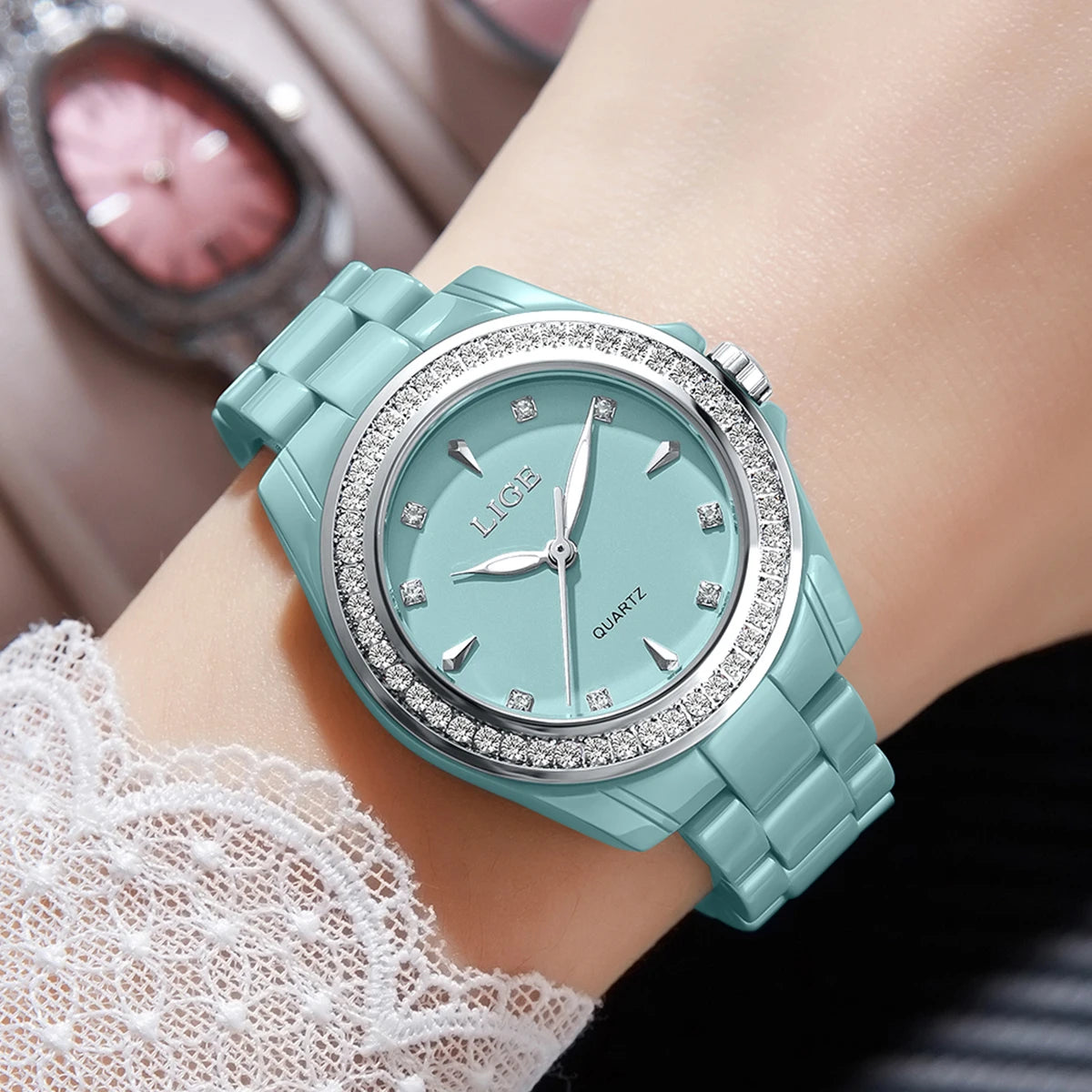 Montre pour femme LIGE 2026 nouvelle montre élégante en céramique à quartz, montre tendance étanche avec affichage lumineux, montre-bracelet pour femme + BOÎTE