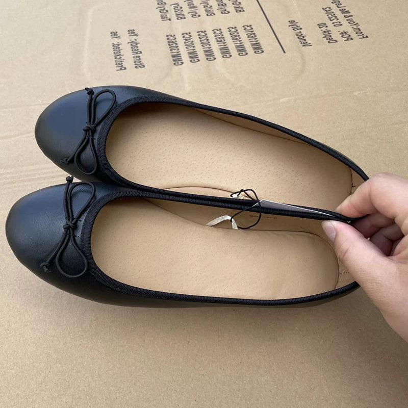 Ballerines élégantes à nœud pour femme, plates à bout rond, confortables, à enfiler, mocassins pour dames en cuir, mules simples, chaussures