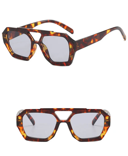 Lunettes de soleil rétro à double pont pour femmes, grande monture léopard dégradé thé, lunettes tendance de luxe de créateur, lunettes de soleil pour hommes