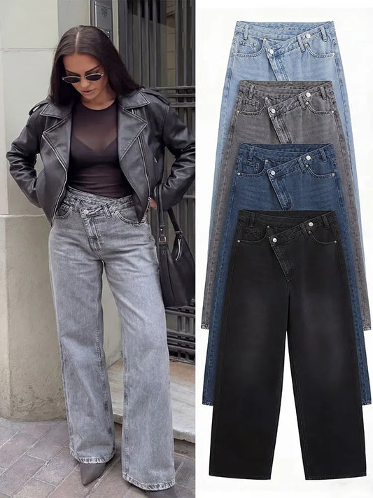 HH Jean large multicolore pour femme à taille asymétrique, pantalon en denim ample à taille haute pour tenue décontractée quotidienne et sorties en ville