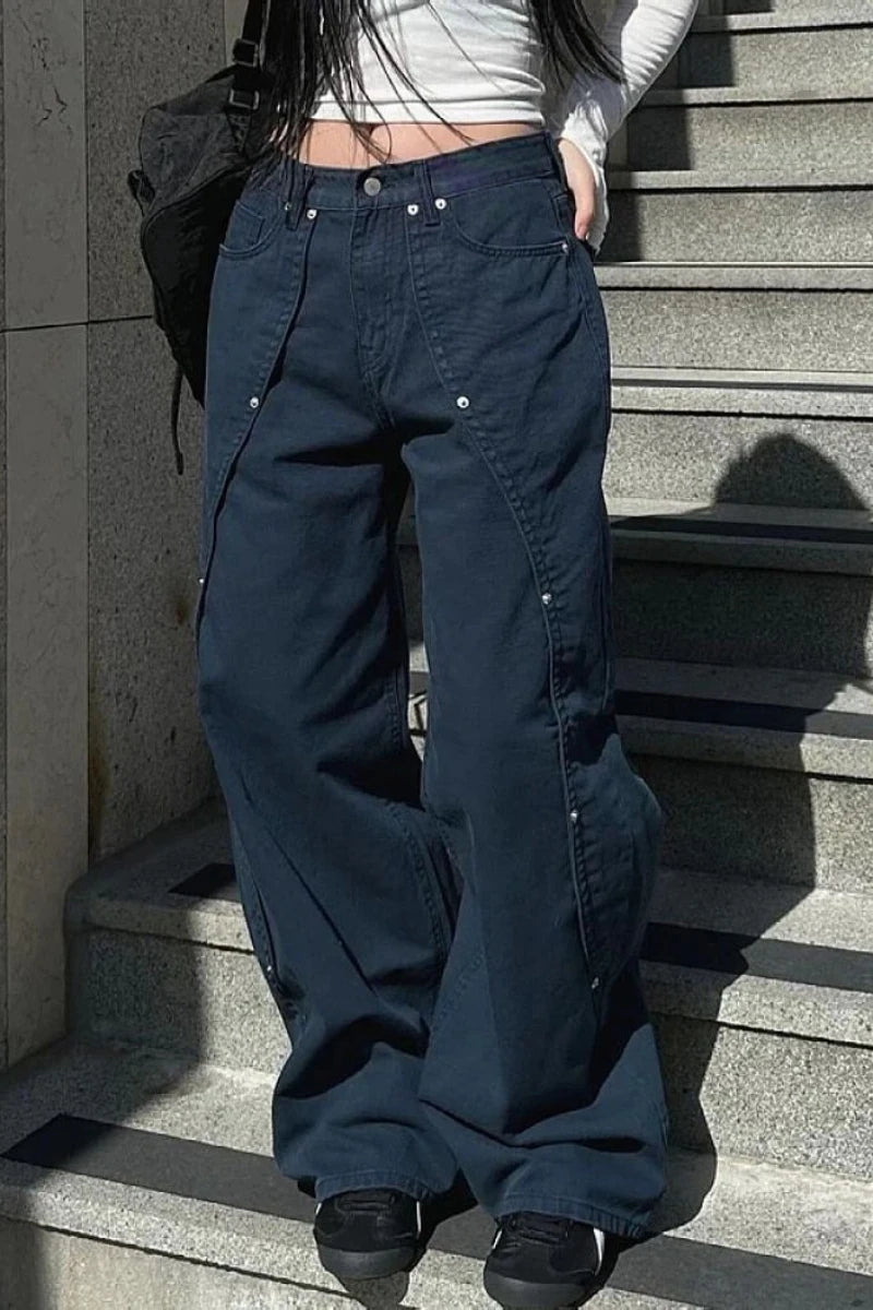 Jeans pour femme vêtements Y2K pantalon ample coupe décontractée à jambe large style rétro américain vintage avec design patchwork à rivets et fente
