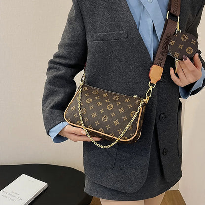 Sac à bandoulière mode pour femme avec imprimé floral et lettres, chaîne, grande capacité, fermeture éclair, sangle ajustable, mini pochette attachée, pour les trajets quotidiens