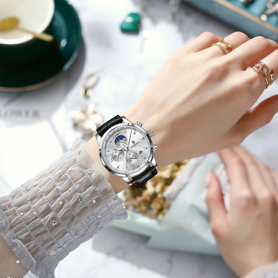 Montre-bracelet de luxe pour femme LIGE, bracelet en cuir, étanche, décontractée et sportive, à quartz, avec affichage 24 heures et phase de lune.