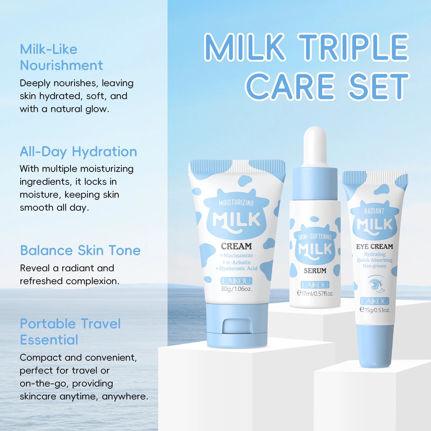 Coffret Trio Éclat au Lait LAIKOU – Kit de Nutrition Profonde, Soin Hydratant Non Gras avec Sérum, Crème Contour des Yeux et Crème Hydratante, Coffret Cadeau