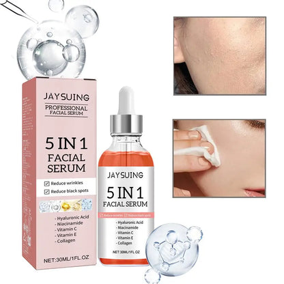 Sérum visage raffermissant 5 en 1 pour estomper les ridules, hydratant et éclaircissant, sérum facial à la vitamine C et à l’acide hyaluronique, resserre les pores, soin de la peau