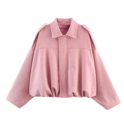 ETJ 2025 nouvelle veste bomber femme de printemps à effet suédine, coupe ample, col à revers, style mode, épaules marquéess