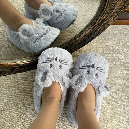 Pantoufles d’intérieur floues pour femmes, hiver, fourrure chaude en peluche, antidérapantes avec adhérence, chaussures d’intérieur moelleuses et confortables pour femmes paresseuses, oreilles de souris, chaussures de