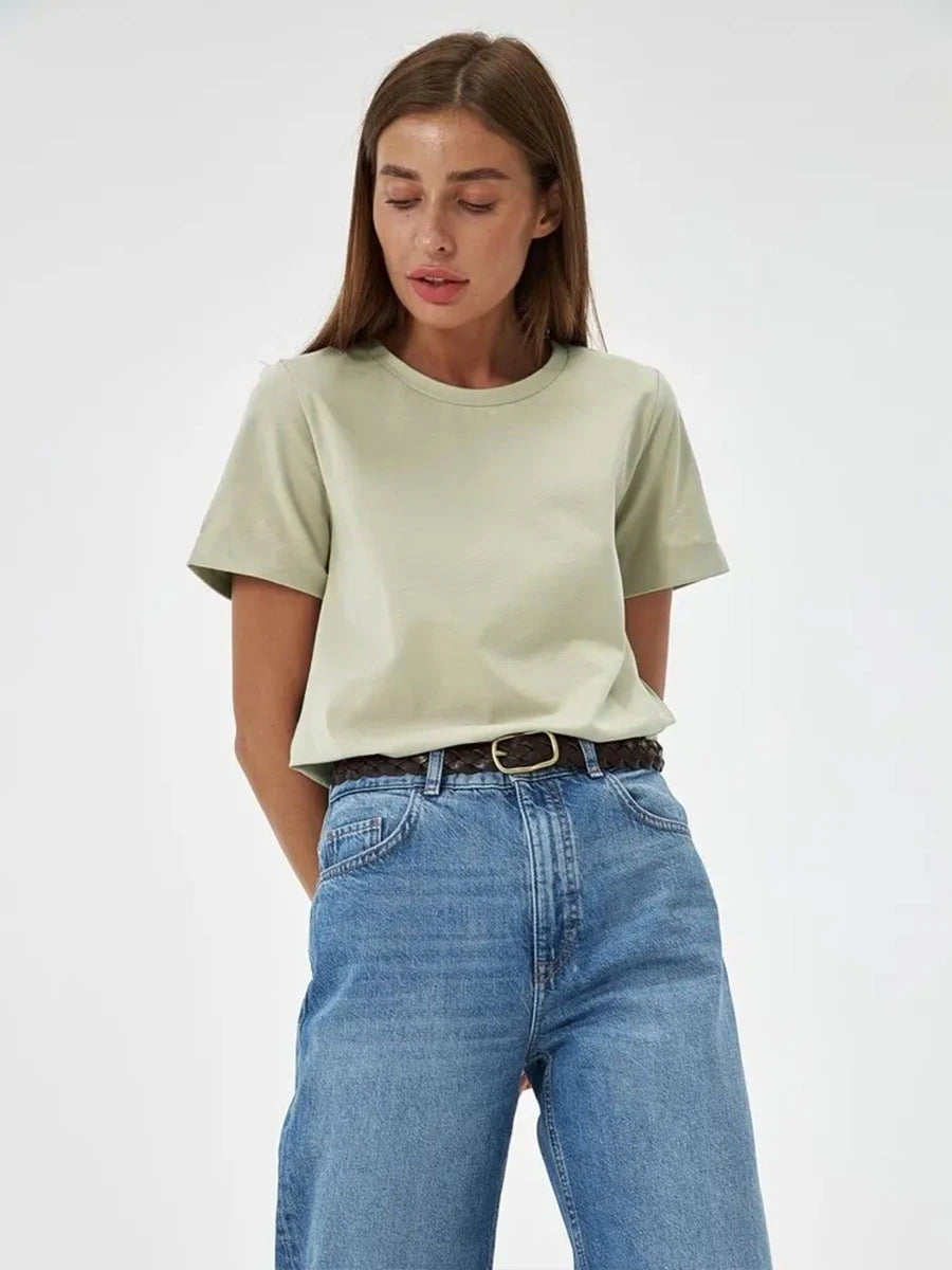 Bornladies Summer T-shirt femme 100 % coton, basique, tendance, uni, manches courtes, haut à superposer ample, 230 g/m², hauts et chemises