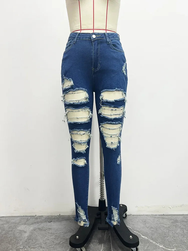 Jeans à trous pour femmes, pantalon crayon en denim, streetwear délavé, skinny extensible, taille haute, effet usé et déchiré, pantalon longueur cheville 2025