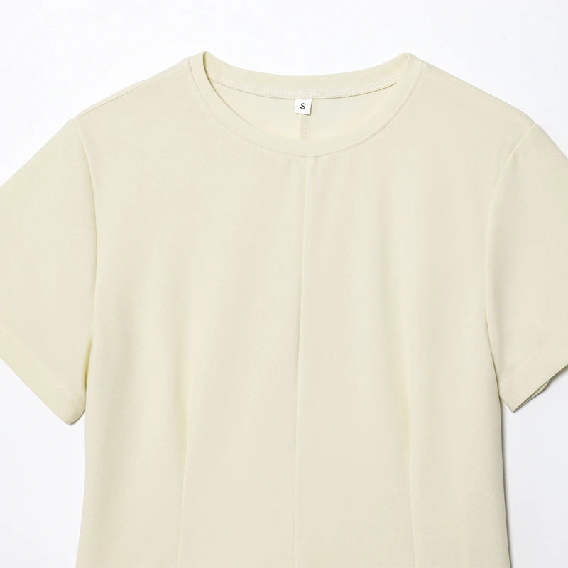 T-shirt femme d'été beige violet à manches courtes, haut élégant féminin plissé effet amincissant, nouveau haut femme printemps 2026