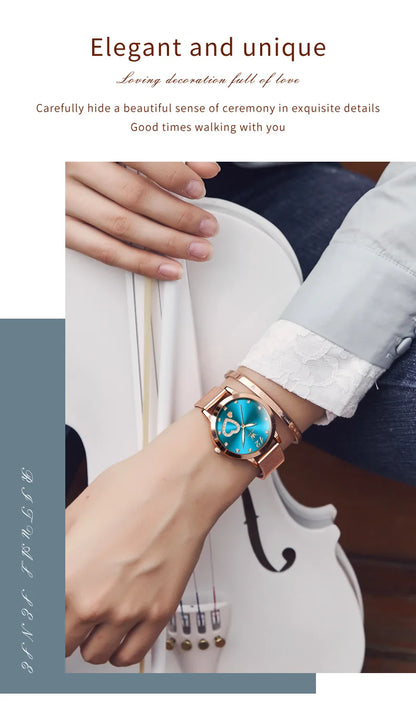 Montre pour femme OLEVS 5189, montre-bracelet à quartz, montre décontractée et tendance pour dames, étanche, lumineuse, bracelet en maille, cadran cœur, index en zircon.