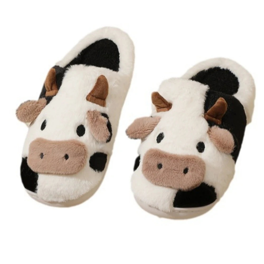 Chaussons d’intérieur d’hiver pour couples, chauds et en peluche, style neutre avec motif vache cartoon, antidérapants, confortables, en coton, pour hommes et femmes