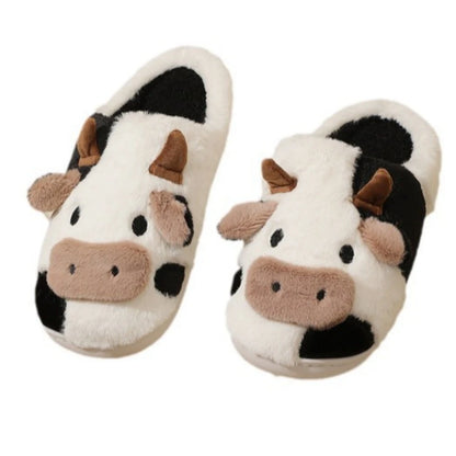 Chaussons d’intérieur d’hiver pour couples, chauds et en peluche, style neutre avec motif vache cartoon, antidérapants, confortables, en coton, pour hommes et femmes