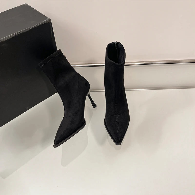 Bottines à talons hauts pour femmes à bout pointu, chaussures élégantes et tendance pour danse et soirées, bottines courtes slim extensibles pour femmes, automne-hiver