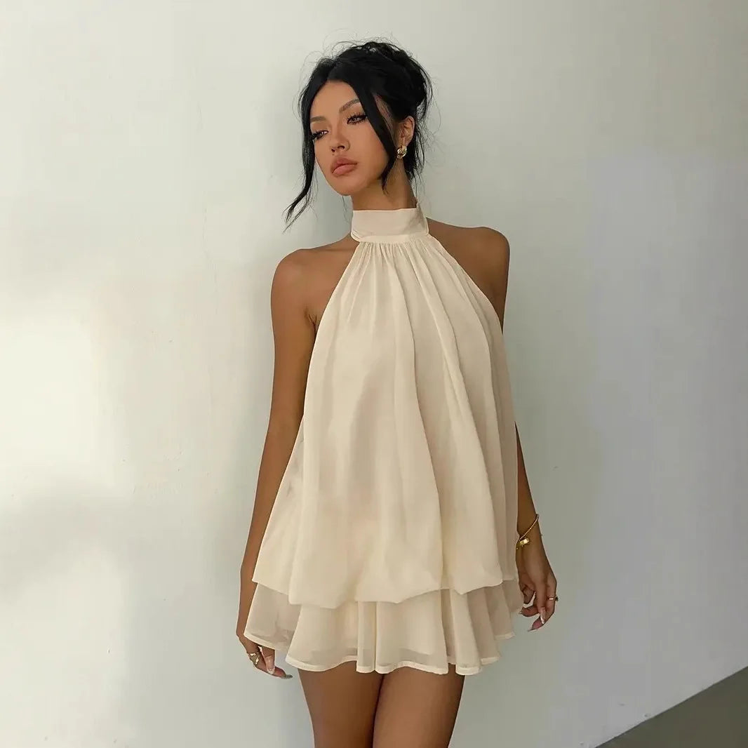 Robe à encolure licou pour femme, dos nu, en chiffon transparent à nouer sur le devant, mini-jupe, robe de fête tendance, sexy, Y2K, vintage, mignonne pour anniversaire