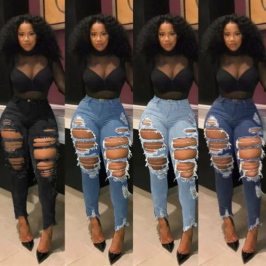 Jeans à trous pour femmes, pantalon crayon en denim, streetwear délavé, skinny extensible, taille haute, effet usé et déchiré, pantalon longueur cheville 2025