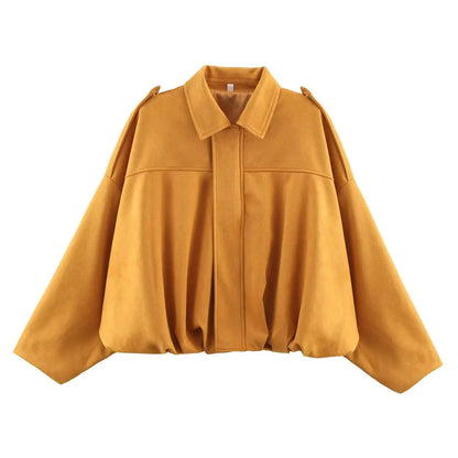 ETJ 2025 nouvelle veste bomber femme de printemps à effet suédine, coupe ample, col à revers, style mode, épaules marquéess