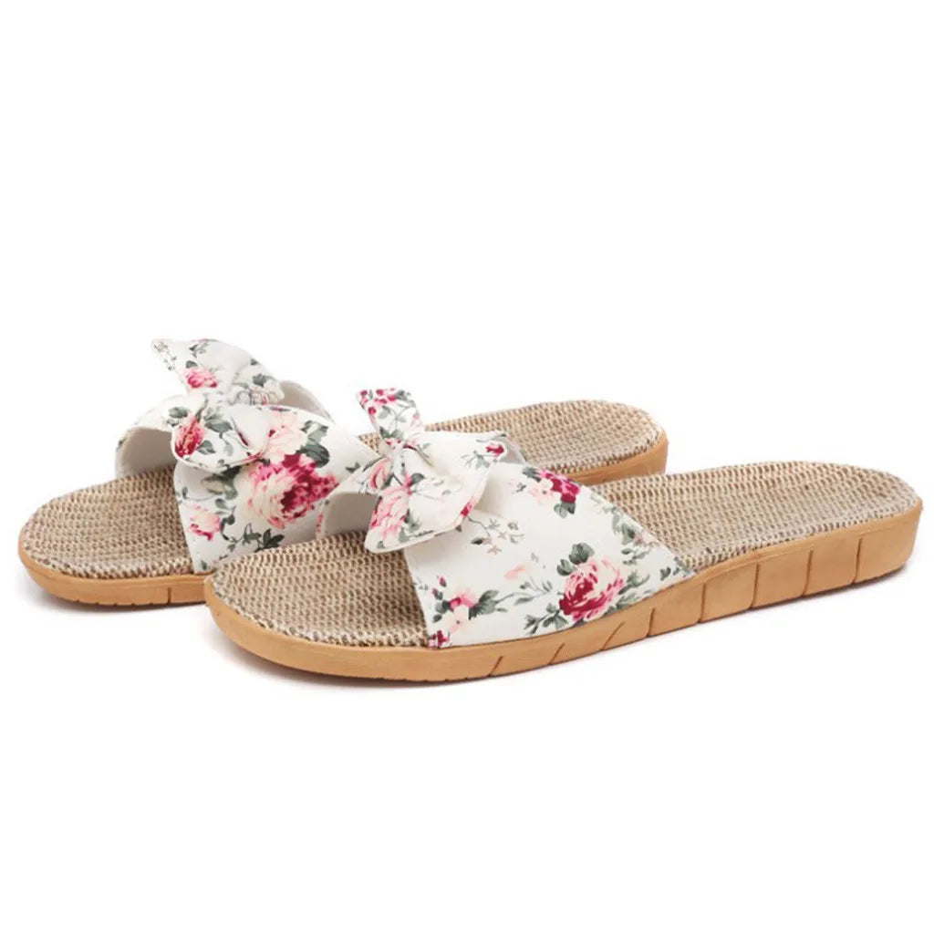 Chaussures pour femme Sandales Mujer Femmes Féminines Nœud décoratif Lin en toile Tongs Chaussures de plage Sandales Pantoufles Chaussures Femme