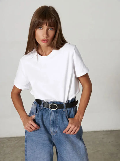 Bornladies Summer T-shirt femme 100 % coton, basique, tendance, uni, manches courtes, haut à superposer ample, 230 g/m², hauts et chemises