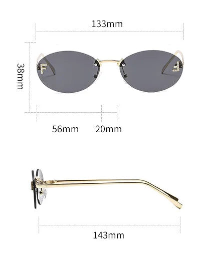 Lunettes de soleil de créateur de marque de luxe sans monture pour femmes, ovales rétro de petite taille, monture métallique, lunettes de soleil pour extérieur, style décontracté vacances, UV400 #300371