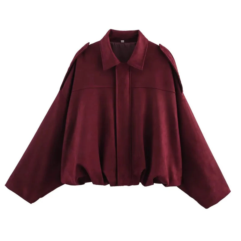 ETJ 2025 nouvelle veste bomber femme de printemps à effet suédine, coupe ample, col à revers, style mode, épaules marquéess