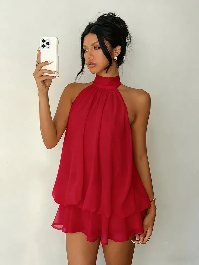 Robe à encolure licou pour femme, dos nu, en chiffon transparent à nouer sur le devant, mini-jupe, robe de fête tendance, sexy, Y2K, vintage, mignonne pour anniversaire