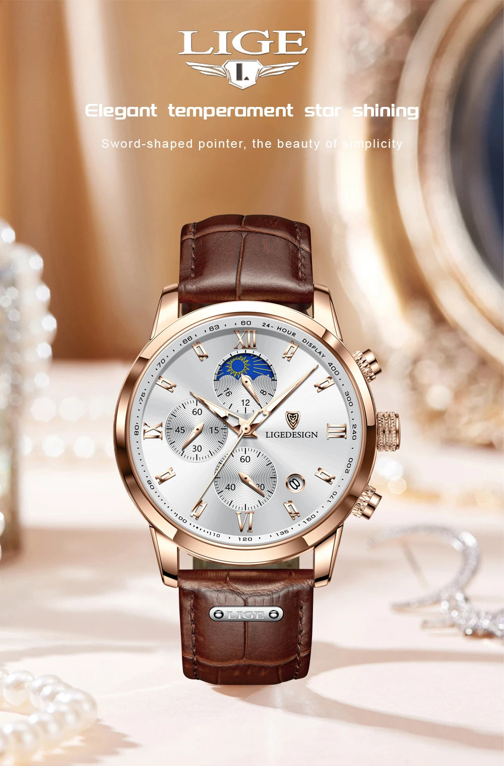 Montre-bracelet de luxe pour femme LIGE, bracelet en cuir, étanche, décontractée et sportive, à quartz, avec affichage 24 heures et phase de lune.