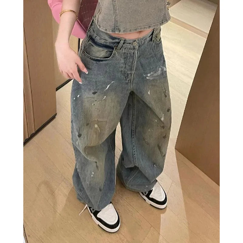 Pantalons jeans taille haute pour femme de créateur, pantalons en denim amples à imprimé chic pour femme, jeans fins à jambes droites tendance pour filles, pantalons en denim.