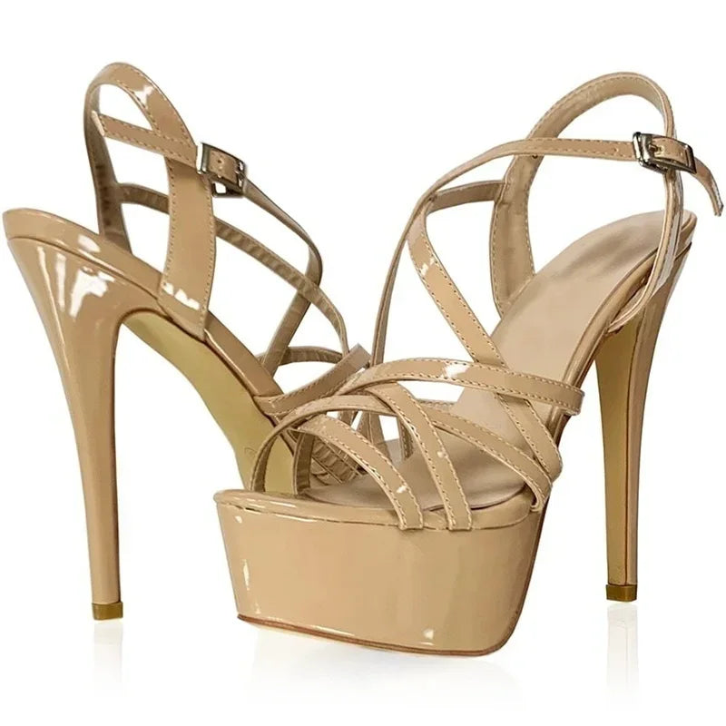 Sandales à plateforme pour femmes sexy 14 cm, défilés de mode, bout ouvert, talons hauts, stilettos à motif serpent, bride à la cheville, chaussures de soirée style gladiateur
