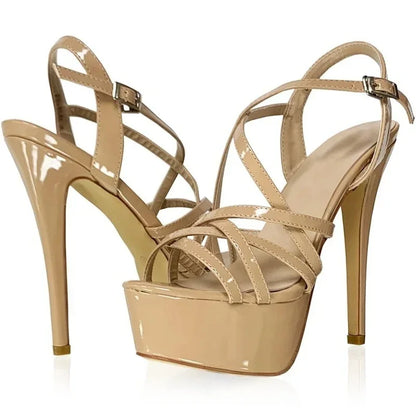 Sandales à plateforme pour femmes sexy 14 cm, défilés de mode, bout ouvert, talons hauts, stilettos à motif serpent, bride à la cheville, chaussures de soirée style gladiateur