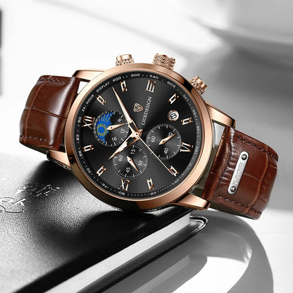 Montre-bracelet de luxe pour femme LIGE, bracelet en cuir, étanche, décontractée et sportive, à quartz, avec affichage 24 heures et phase de lune.