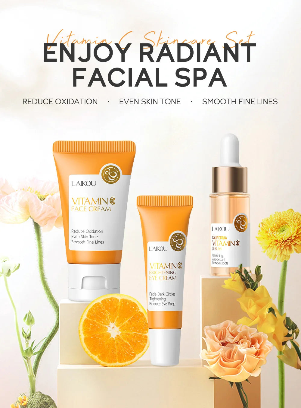 Ensemble de soins de la peau à la vitamine C LAIKOU 3 pièces : crème pour le visage, sérum et crème contour des yeux, hydratant, anti-rides, kit de soins du visage