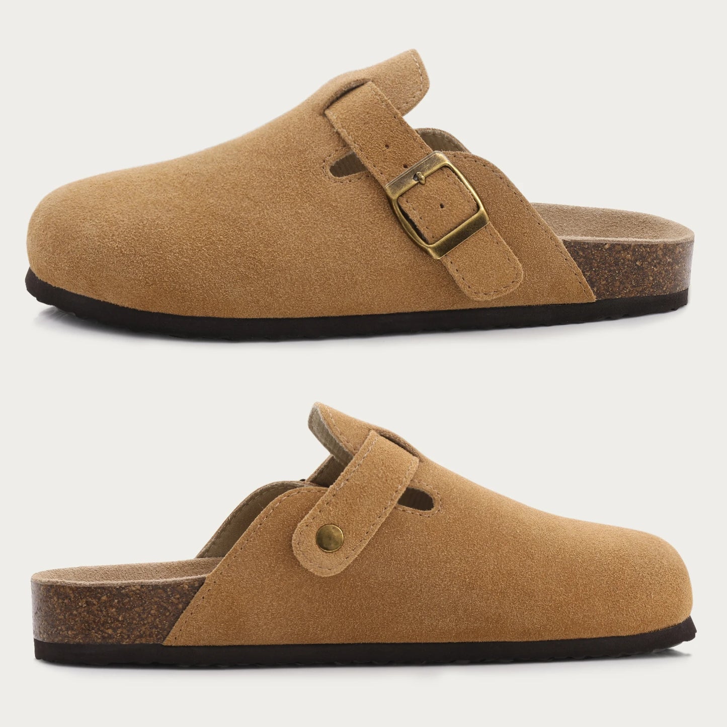 Mules en daim pour femmes Comwarm Fashion, pantoufles, sabots pour hommes, sandales à semelle intérieure en liège avec soutien de la voûte plantaire, claquettes d’extérieur pour la plage, chaussures d’intérieur