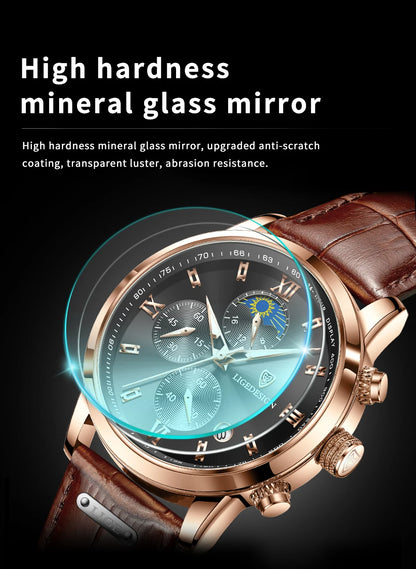 Montre-bracelet de luxe pour femme LIGE, bracelet en cuir, étanche, décontractée et sportive, à quartz, avec affichage 24 heures et phase de lune.