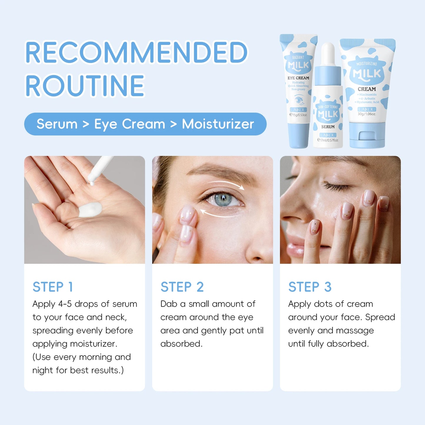 Coffret Trio Éclat au Lait LAIKOU – Kit de Nutrition Profonde, Soin Hydratant Non Gras avec Sérum, Crème Contour des Yeux et Crème Hydratante, Coffret Cadeau