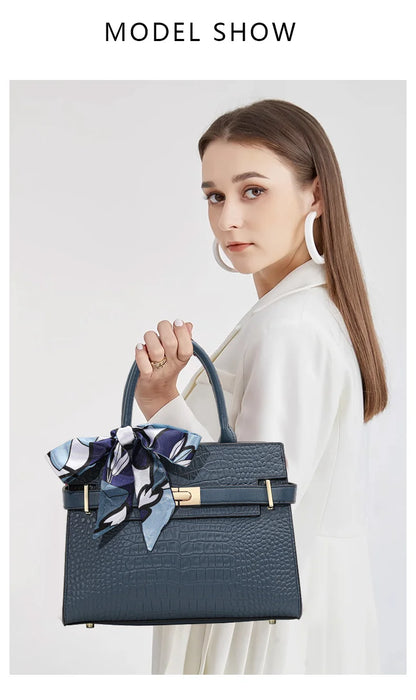 Sac à main pour femme en cuir véritable de vachette, convertible en port bandoulière et épaule, avec foulard en soie, sac fourre-tout à motif crocodile