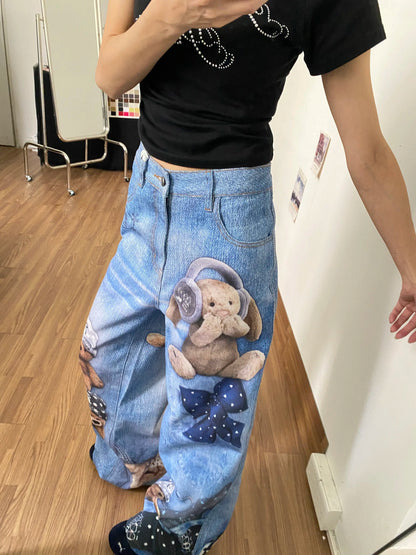 Jean large bleu Y2K pour femme à imprimé ours et graffiti, pantalon en jean vintage Harajuku baggy grunge, vêtements alternatifs
