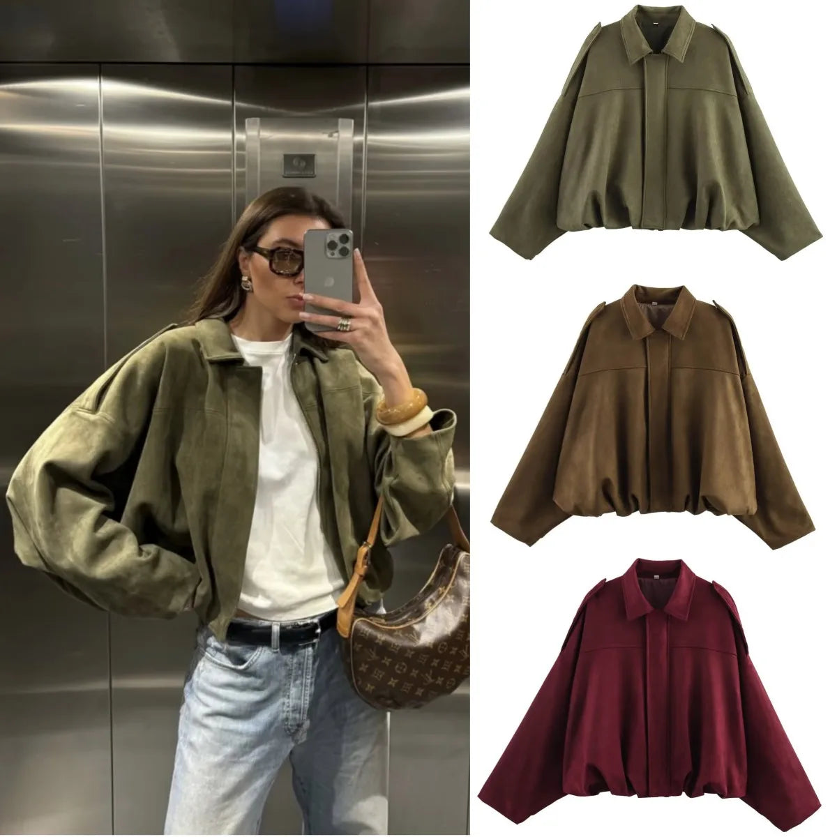 ETJ 2025 nouvelle veste bomber femme de printemps à effet suédine, coupe ample, col à revers, style mode, épaules marquéess