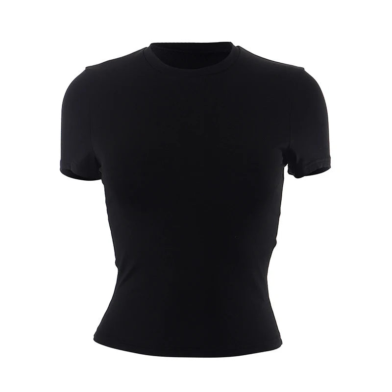 Nouveau t-shirt à manches courtes pour femmes printemps 2024, uni, simple, décontracté, doux, facile à assortir, tendance, haut court basique, t-shirt mode été.