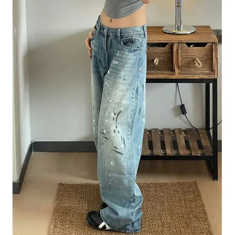 Pantalons jeans taille haute pour femme de créateur, pantalons en denim amples à imprimé chic pour femme, jeans fins à jambes droites tendance pour filles, pantalons en denim.