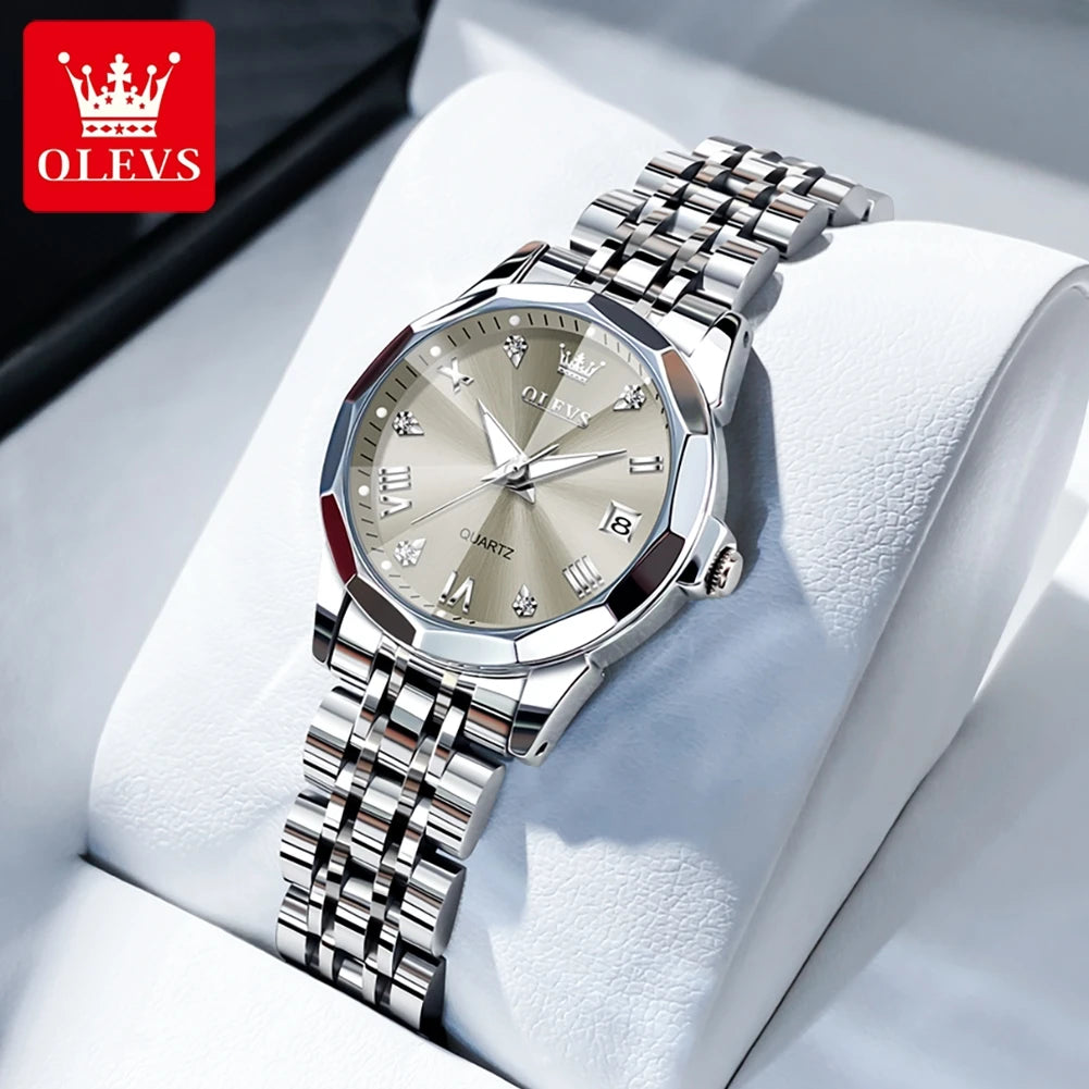 Montres pour femmes OLEVS élégantes et luxueuses avec bracelet en acier inoxydable, montre-bracelet à quartz originale pour homme, étanche, lumineuse, avec date, tendance habillée