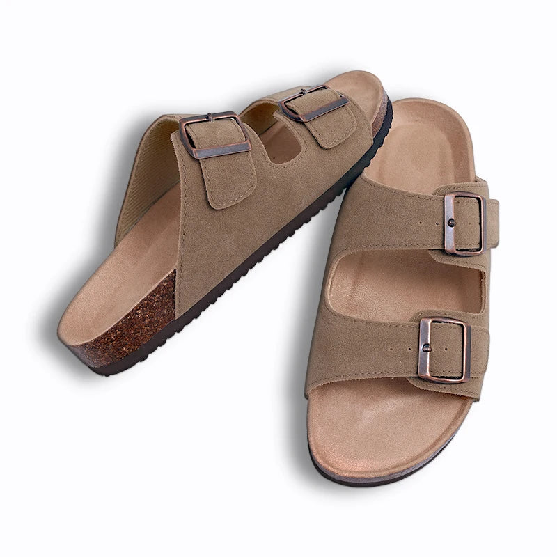 Mules en daim pour femmes Comwarm Fashion, pantoufles, sabots pour hommes, sandales à semelle intérieure en liège avec soutien de la voûte plantaire, claquettes d’extérieur pour la plage, chaussures d’intérieur