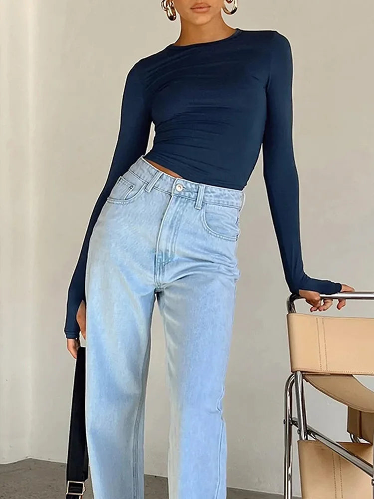 T-shirt femme mode à manches longues, col rond, uni, coupe slim, crop top pour femmes avec trous pour les pouces, pour le quotidien, streetwear d’été, camisoles