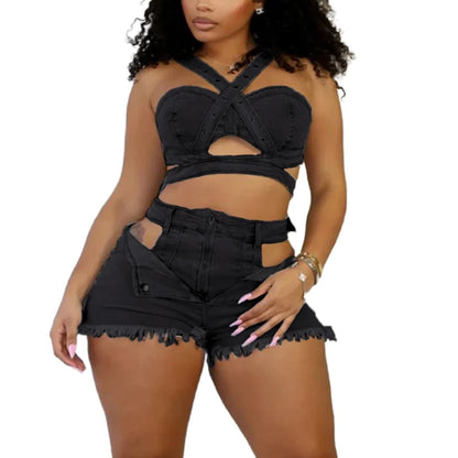 Ensemble short en jean sexy pour femmes, haut court en denim à bretelles et short découpé, vêtements d’été 2025, streetwear, tenue de club deux pièces