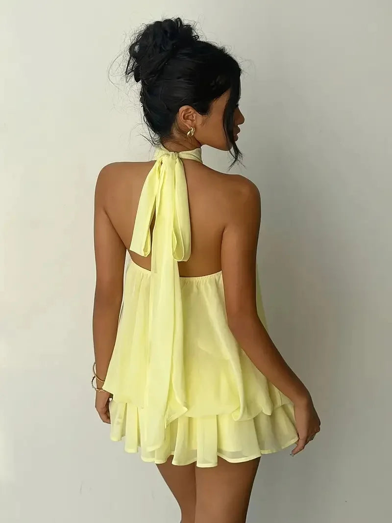 Robe à encolure licou pour femme, dos nu, en chiffon transparent à nouer sur le devant, mini-jupe, robe de fête tendance, sexy, Y2K, vintage, mignonne pour anniversaire