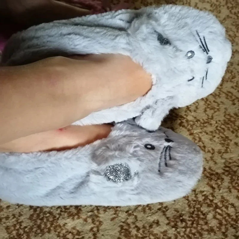 Pantoufles d’intérieur floues pour femmes, hiver, fourrure chaude en peluche, antidérapantes avec adhérence, chaussures d’intérieur moelleuses et confortables pour femmes paresseuses, oreilles de souris, chaussures de